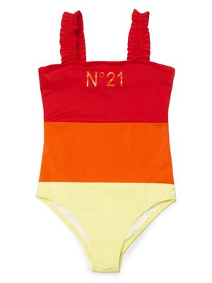 Nº21 Kids logo-flocked striped swimsuit - Red