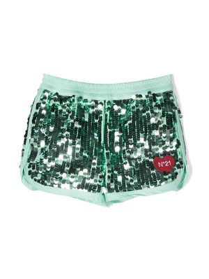 Nº21 Kids sequin-embellished logo shorts - Green