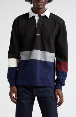 Noah Colorblock Stripe Long Sleeve Rugby Polo in Black/Navy