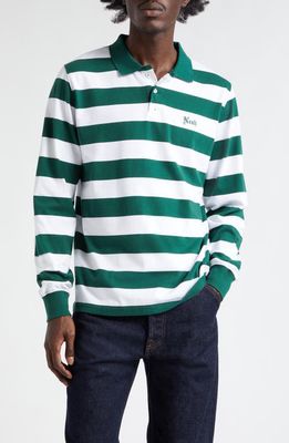Noah Stripe Long Sleeve Cotton Jersey Polo in Green/White