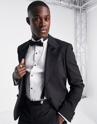Noak 'Bermondsey' slim tuxedo suit jacket in black worsted wool blend with four way stretch