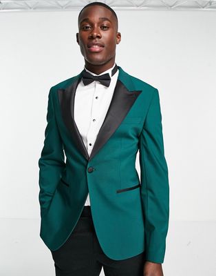 Noak 'Bermondsey' super skinny tuxedo jacket in forest green worsted wool blend with four way stretch