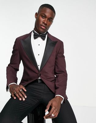 Noak 'Bermondsey' super skinny tuxedo suit jacket in burgundy worsted wool blend with four way stretch-Red