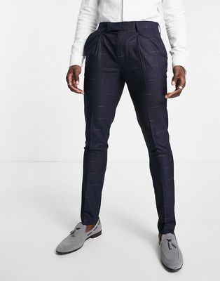 Noak skinny premium fabric suit pants in navy windowpane plaid with stretch