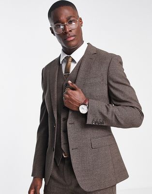 Noak skinny suit jacket in brown puppytooth check virgin wool blend with two way stretch