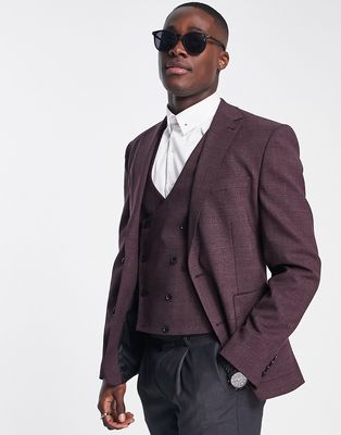 Noak skinny suit jacket in burgundy Glen check worsted wool blend-Red