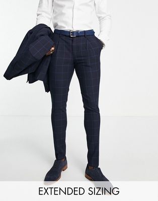 Noak super skinny suit pants in navy windowpane plaid with four-way stretch