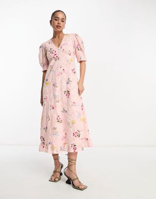 Nobody's Child Demi puff sleeve broderie midi dress in blush floral-Pink