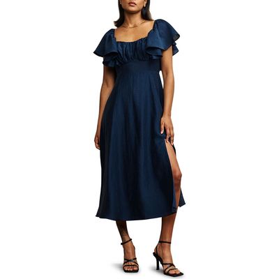 Nobody's Child Dove Tie Back Ruffle Sleeve Midi Dress in Navy