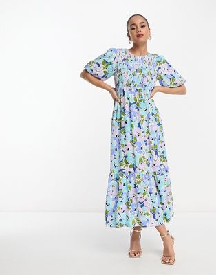 Nobody's Child Kelsie puff sleeve shirred midi dress in blue floral