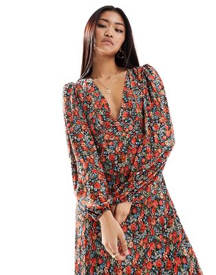 Nobody's Child Lou balloon sleeve midi dress in ditsy red floral-Multi