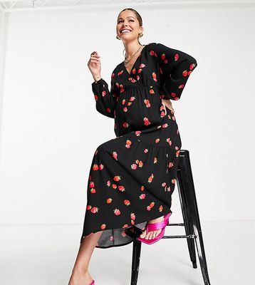 Nobody's Child Maternity long sleeve tiered tea dress in black strawberry print