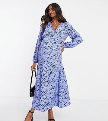 Nobody's Child Maternity long sleeve tiered tea dress in blue fruit print