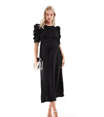Nobody's Child Maternity satin jacquard maxi dress with puff sleeves in black