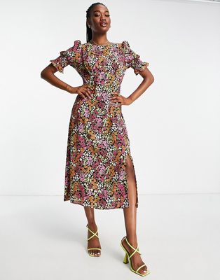 Nobody's Child ruched sleeve maxi dress in ditsy autumn floral-Multi