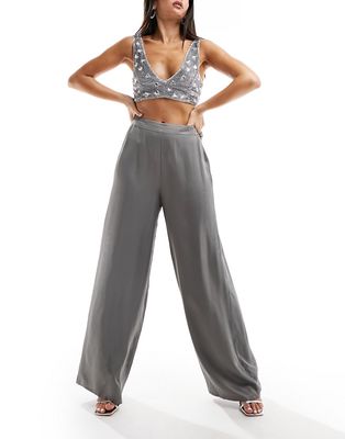 Nobody's Child satin wide leg pants in silver