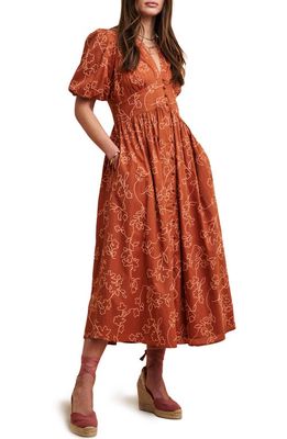 Nobody's Child Starlight Floral Embroidered Organic Cotton Midi Dress in Brown