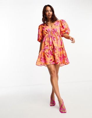 Nobody's Child Vienna puff sleeve mini dress in orange and pink floral
