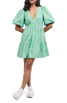 Nobody's Child Vienna Stripe Puff Sleeve Organic Cotton Babydoll Minidress in Green