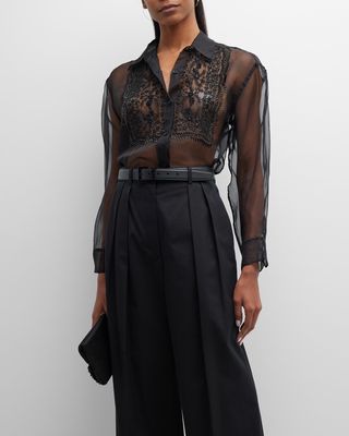 Noel Sheer Button-Front Shirt with Lace Bib