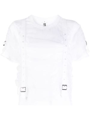 Noir Kei Ninomiya buckle-embellished tulle-overlay T-shirt - White