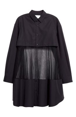 Noir Kei Ninomiya Long Sleeve Broadcloth & Tulle Shirtdress in Black