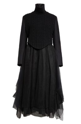 Noir Kei Ninomiya Long Sleeve Mixed Media Midi Dress in Black
