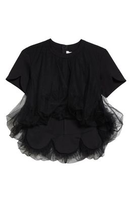 Noir Kei Ninomiya Scallop Hem Ponte Knit & Tulle Top in Black