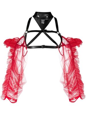 Noir Kei Ninomiya tulle-sleeve leather harness top - Red