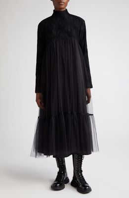 Noir Kei Ninomiya Wave Long Sleeve Tweed & Tulle Midi Dress in Black