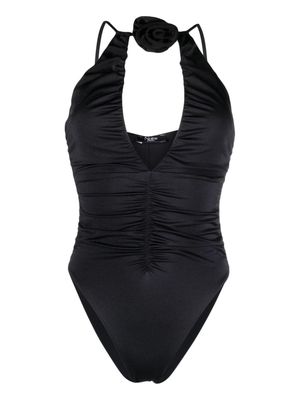 Noire Swimwear floral-appliqué ruched swimsuit - Black