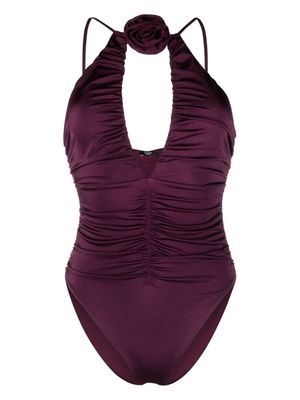 Noire Swimwear floral-appliqué ruched swimsuit - Purple