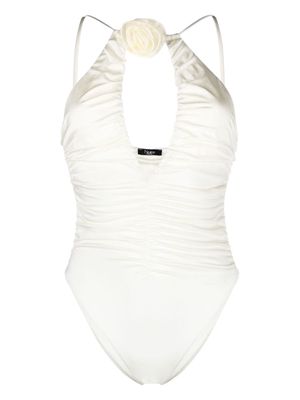 Noire Swimwear floral-appliqué ruched swimsuit - White