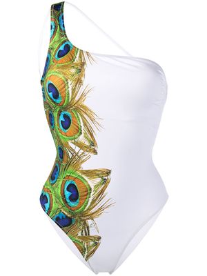 Noire Swimwear Peacock printed one-shoulder swimsuit - White