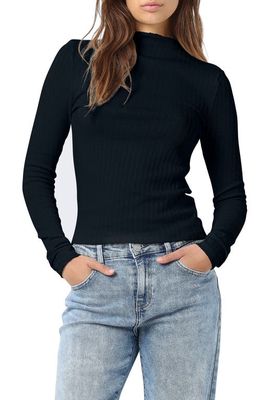 Noisy may Anna Pointelle Funnel Neck Stretch Cotton Knit Top in Black