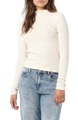 Noisy may Anna Pointelle Funnel Neck Stretch Cotton Knit Top in Pearled Ivory