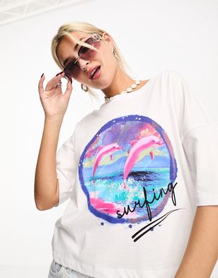 Noisy May boxy t-shirt with dolphin print in white