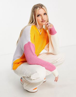 Noisy May color block sweater in orange & pink-Multi