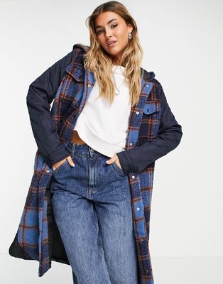 Noisy May contrast quilting longline coat in blue check-Multi