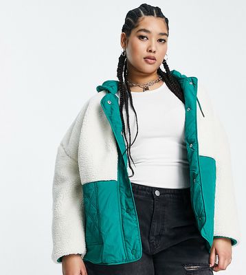 Noisy May Curve borg & quilted jacket in green & cream