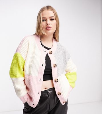 Noisy May Curve button down cardigan in multi pastel color block