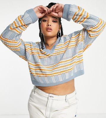 Noisy May Curve cropped V-neck sweater in blue & yellow check-Multi