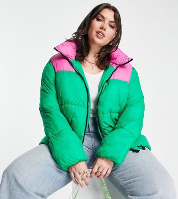 Noisy May Curve exclusive padded short coat in bright pink and green