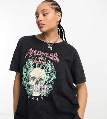 Noisy May Curve skull T-shirt in acid wash black