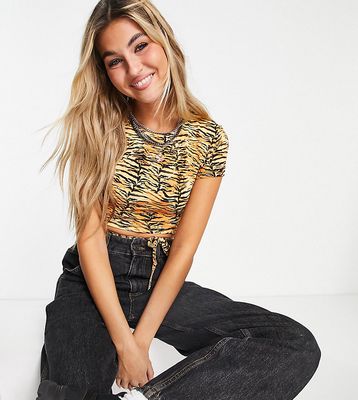 Noisy May exclusive lace up back crop t-shirt set in animal print-Multi