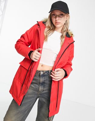 Noisy May faux-fur hood parka in bright red