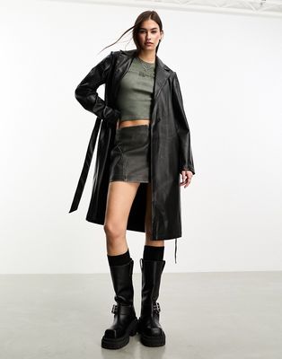 Noisy May faux leather belted coat in black