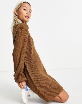 Noisy May high neck knit sweater dress in brown