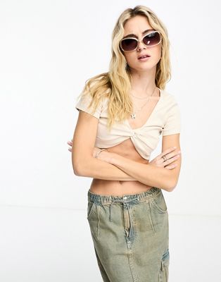 Noisy May knot front crop top in cream-White