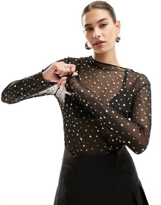 Noisy May long sleeve high neck mesh top in black with gold stars